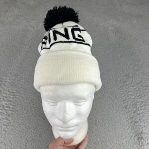 Vintage PING Beanie Hat Cap White Black Knit Pom Cuffed Golf Winter Made USA 90s